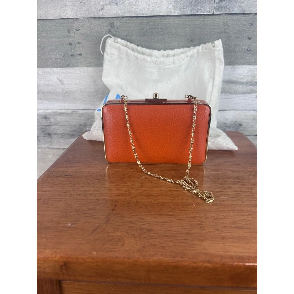 J McLaughlin Vintage Orange Pebbled Leather Box Clutch Gold Frame Chain Bag